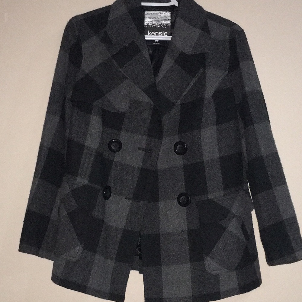 Kensie dark grey and black plaid pea coat